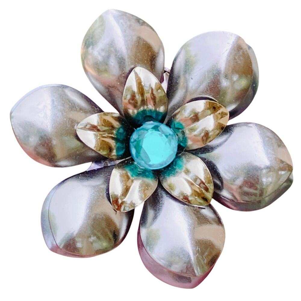 VTG Mid Century Brooch Aqua Rhinestone Layered Floral 1950s Silver Tone Pin